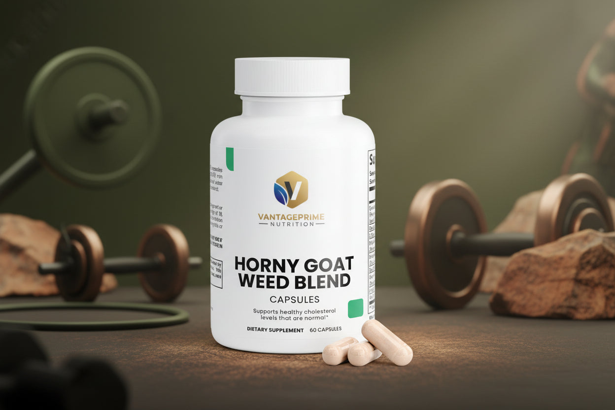 Vantage Prime Nutrition Horny goat weed blend capsules on a white background