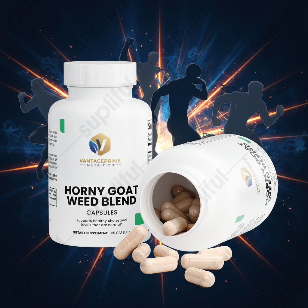 Vantage Prime Nutrition Horny goat weed blend capsules with open bottle on a white background